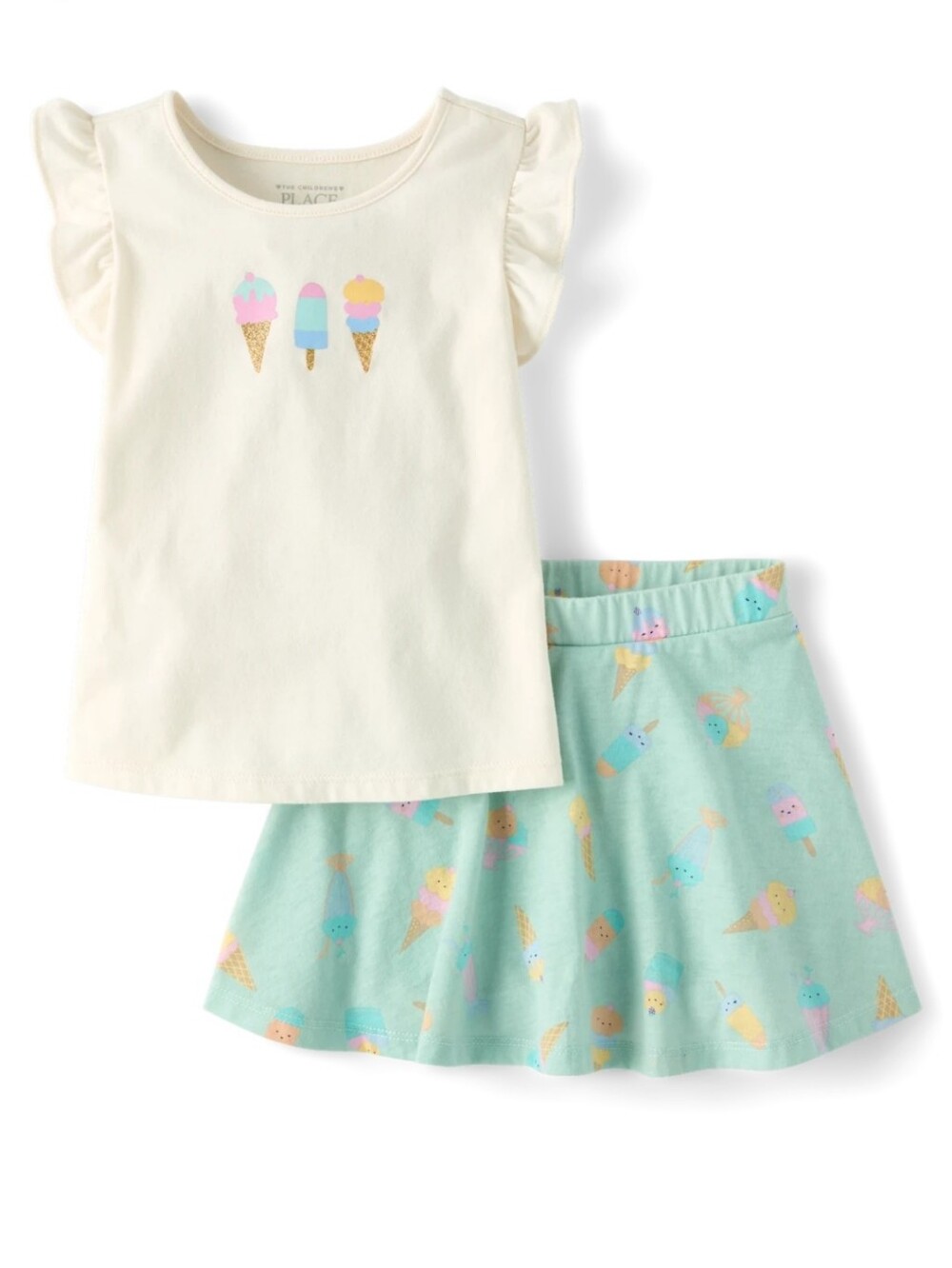 Girl's Ice Cream Flutter Sleeve Top & Skort Set - Cream & Mint, Size 3T